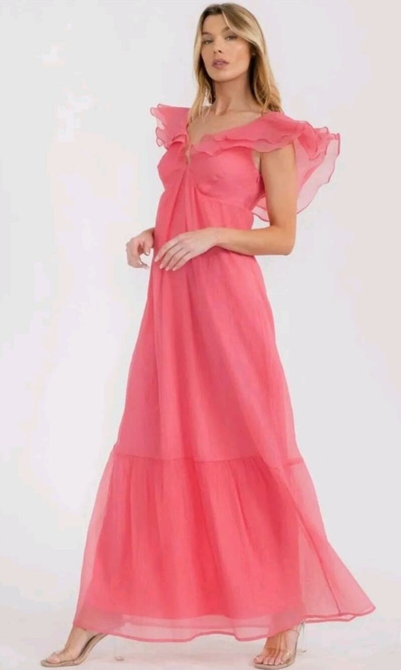 Pink Ruffle sleeve Balletcore maxi dress Size Medium Catalina vneck Maxi crinkle